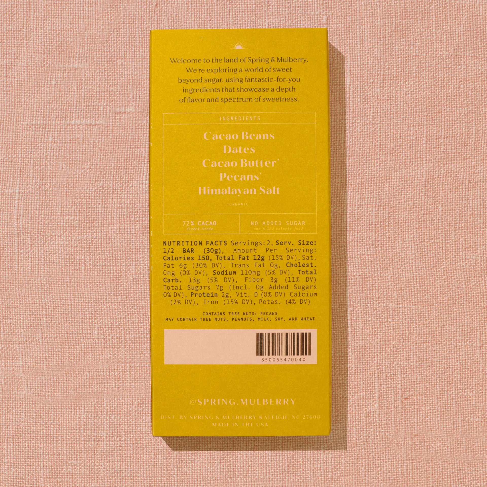 Spring and Mulberry Pecan Date Chocolate Bar