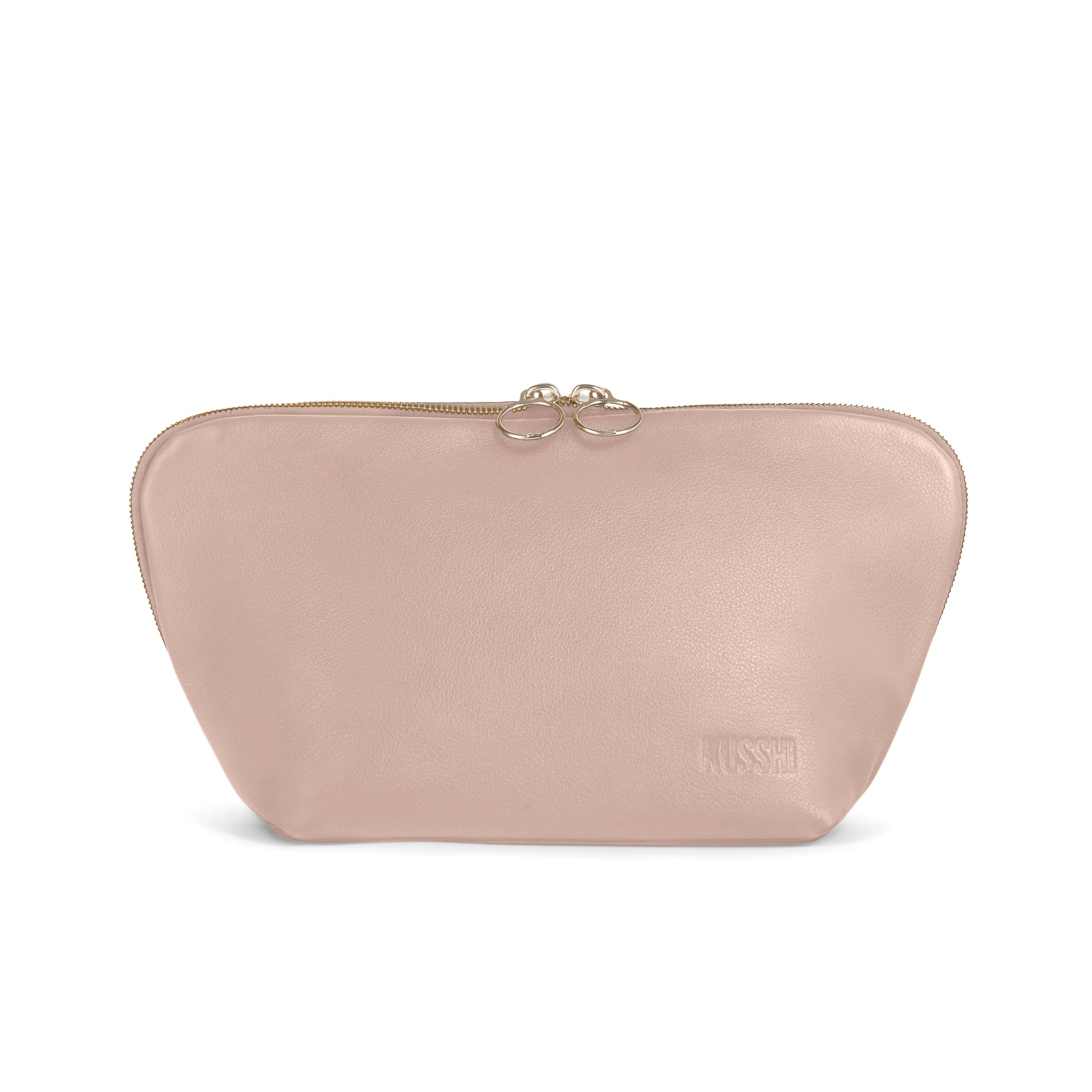 KUSSHI Signature Makeup Bag Blush Pink Leather with Cool Grey Interior