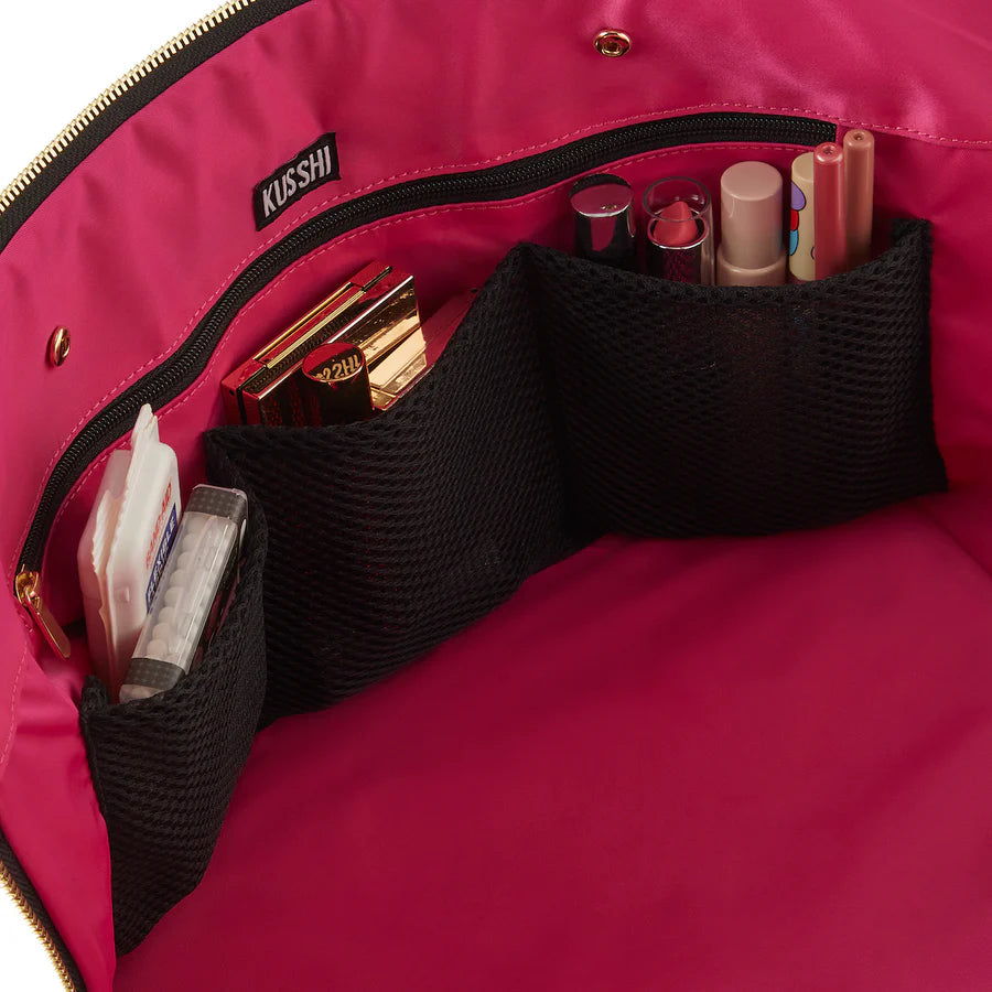 KUSSHI Traveler Bag, Nylon Black with Pink Interior