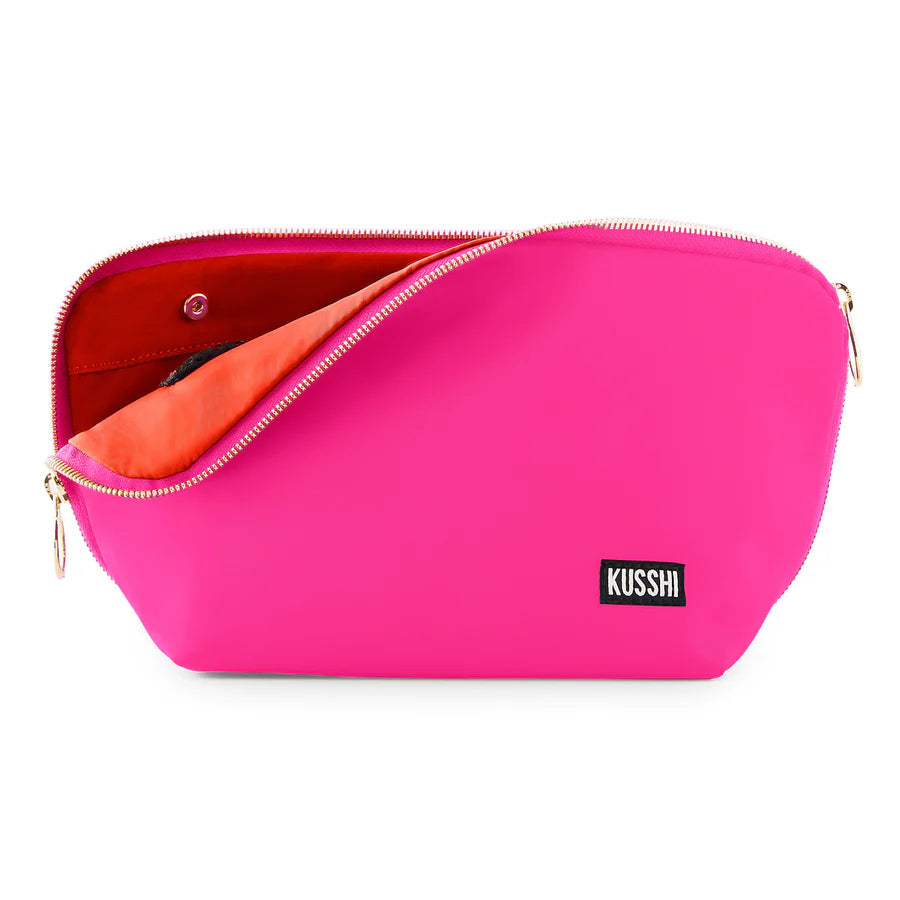 KUSSHI Signature Makeup Bag - Satin Pink with Orange Interior