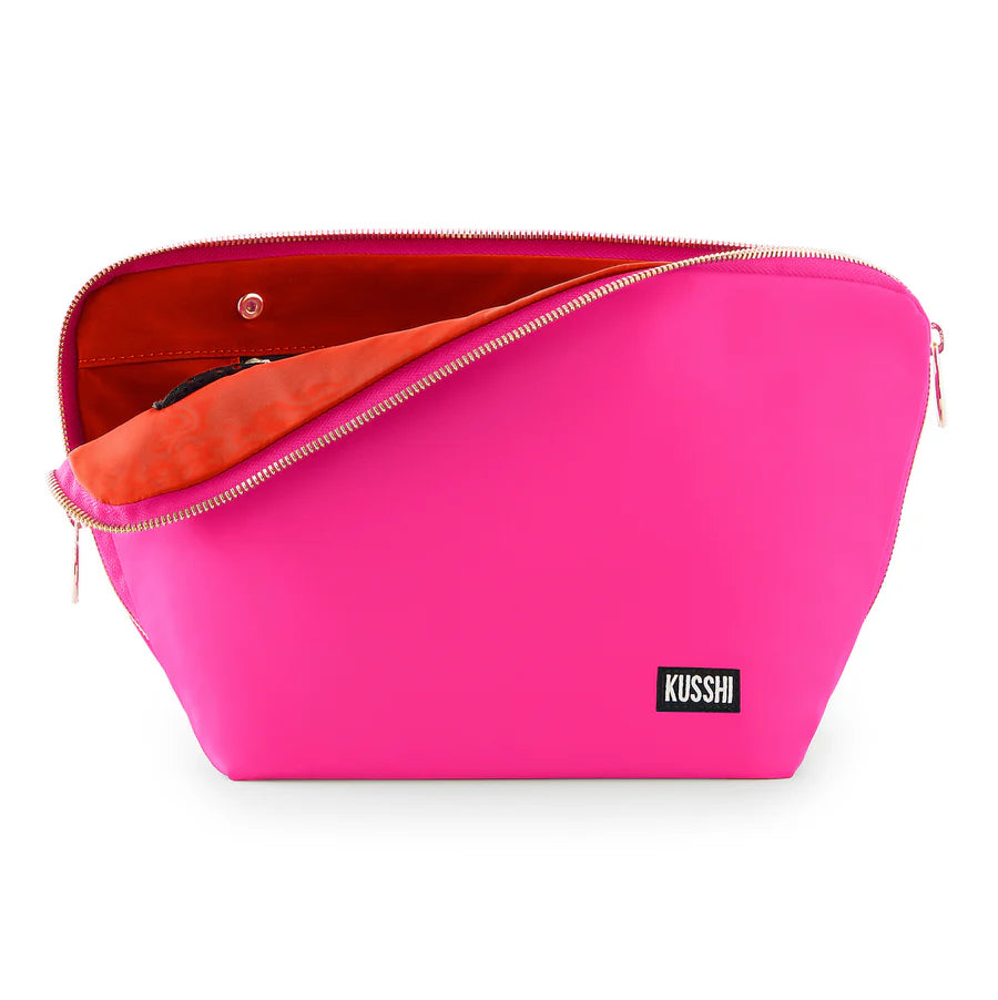 KUSSHI Vacationer Makeup Bag - Satin Pink with Orange Interior