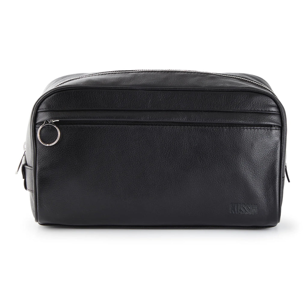 KUSSHI black leather Dopp kit with cool blue