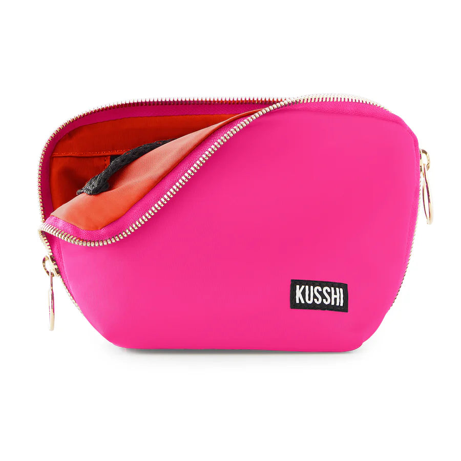 KUSSHI Everyday Makeup Bag, Nylon Pink with Orange Interior