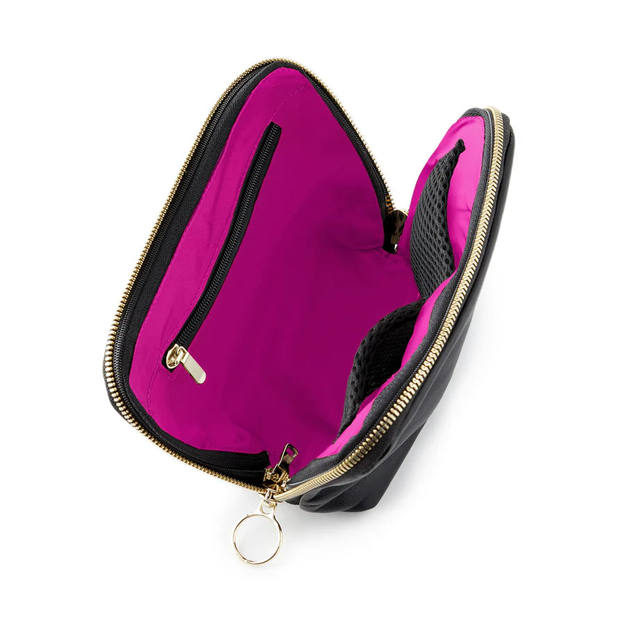 KUSSHI Everyday Makeup Bag Leather Black with Pink Interior