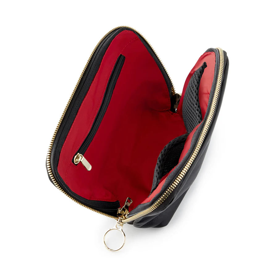 KUSSHI Everyday Makeup Bag, Leather Black with Red Interior