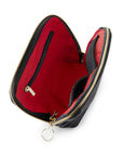 KUSSHI Everyday Makeup Bag, Leather Black with Red Interior