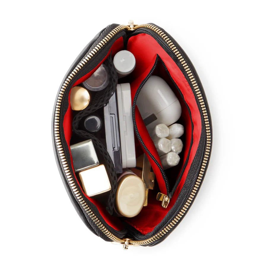 KUSSHI Everyday Makeup Bag, Leather Black with Red Interior