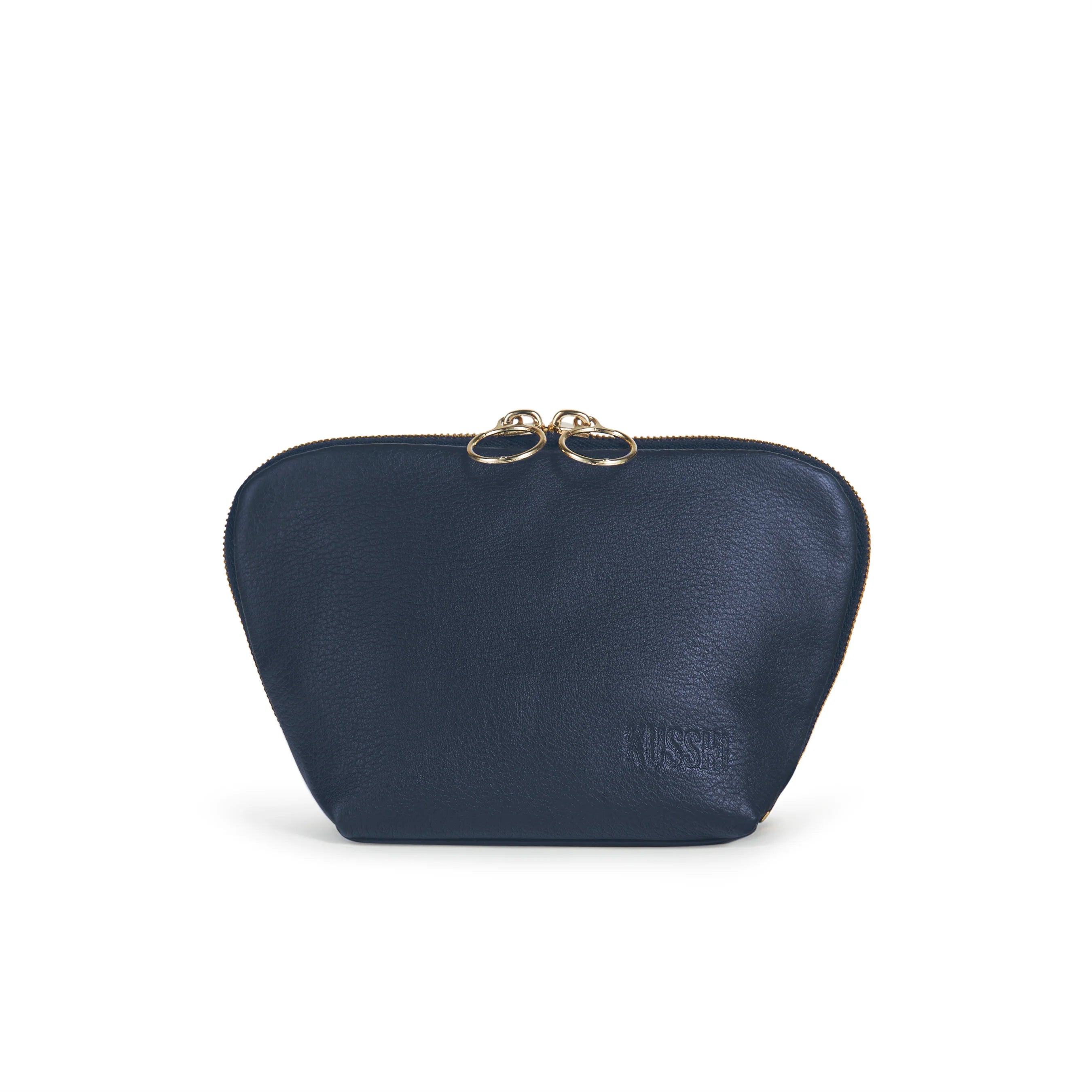 KUSSHI Everyday Makeup Bag Navy Leather with Pink Interior