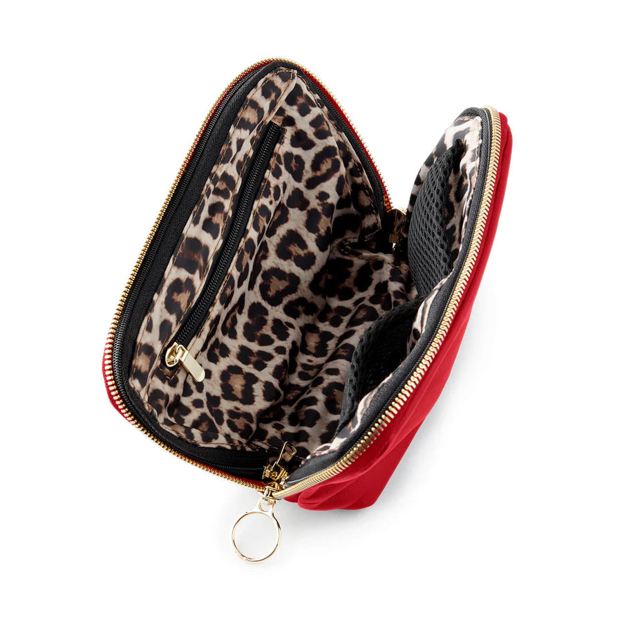 KUSSHI Everyday Makeup Bag, Leather Red with Leopard interior