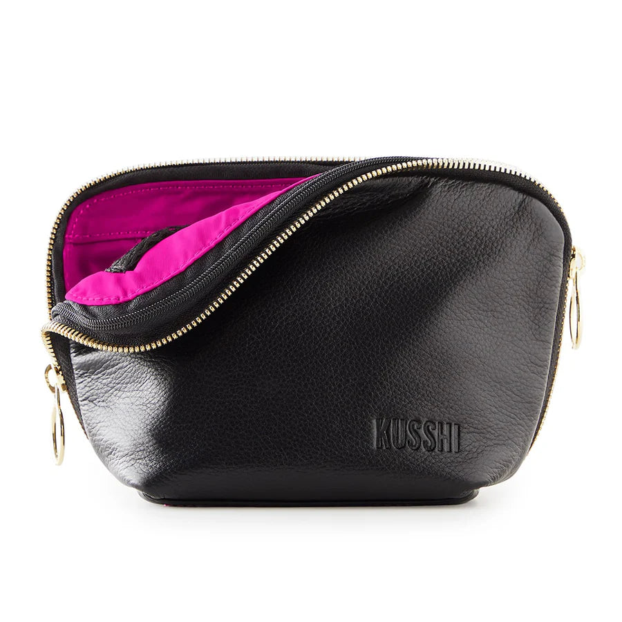 KUSSHI Everyday Makeup Bag Leather Black with Pink Interior