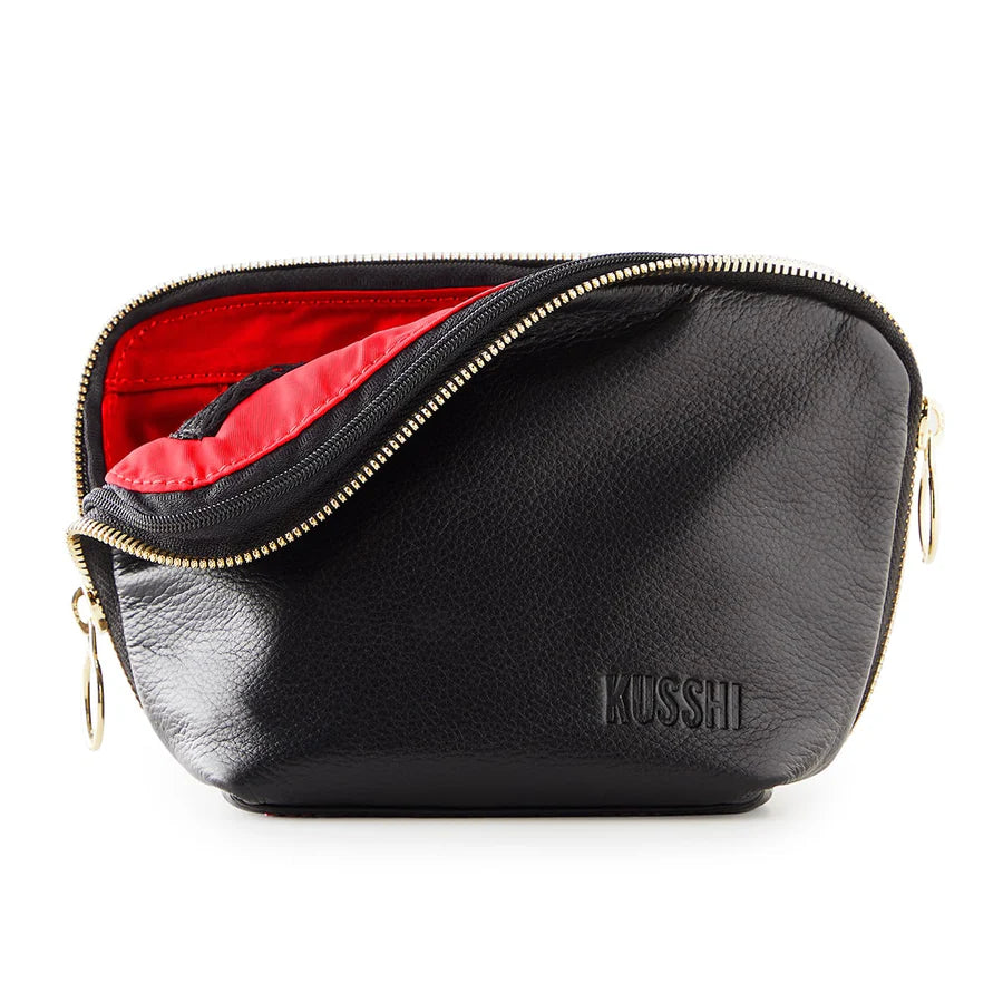 KUSSHI Everyday Makeup Bag, Leather Black with Red Interior