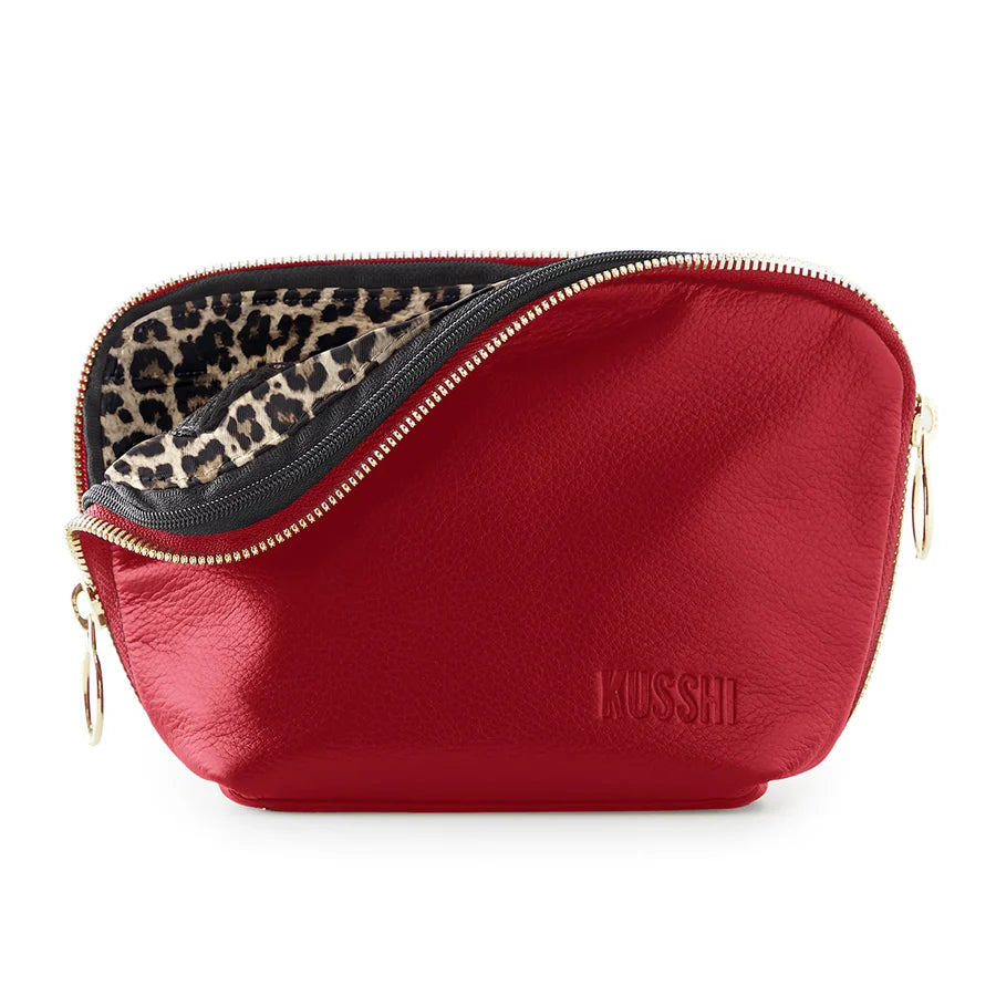 KUSSHI Everyday Makeup Bag, Leather Red with Leopard interior