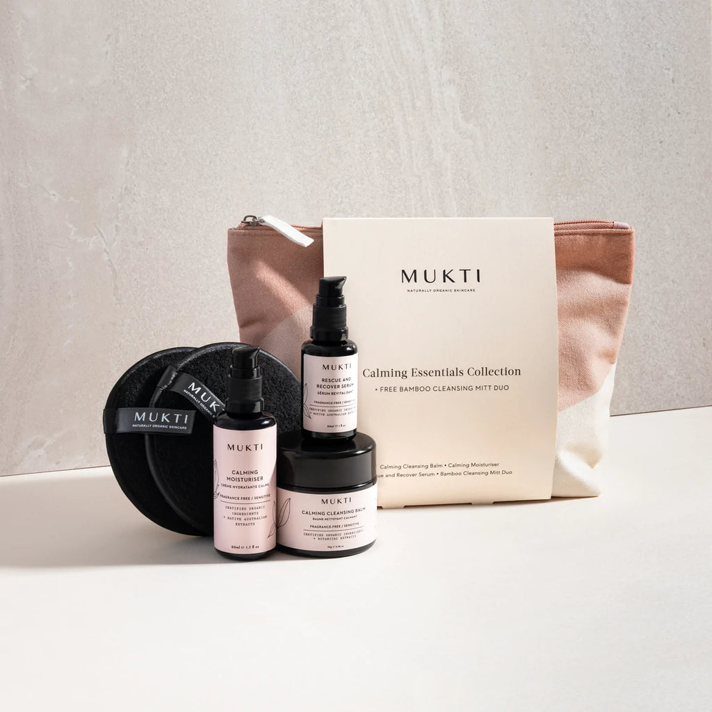 Mukti Calming Essentials Collection + FREE Bamboo Cleansing Mitt Duo