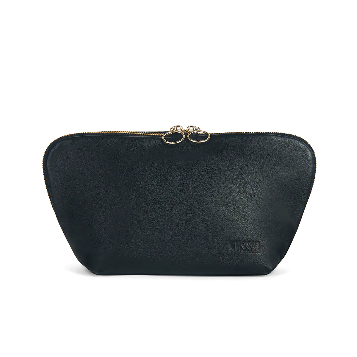 KUSSHI Signature Makeup Bag Black Leather with Pink Interior