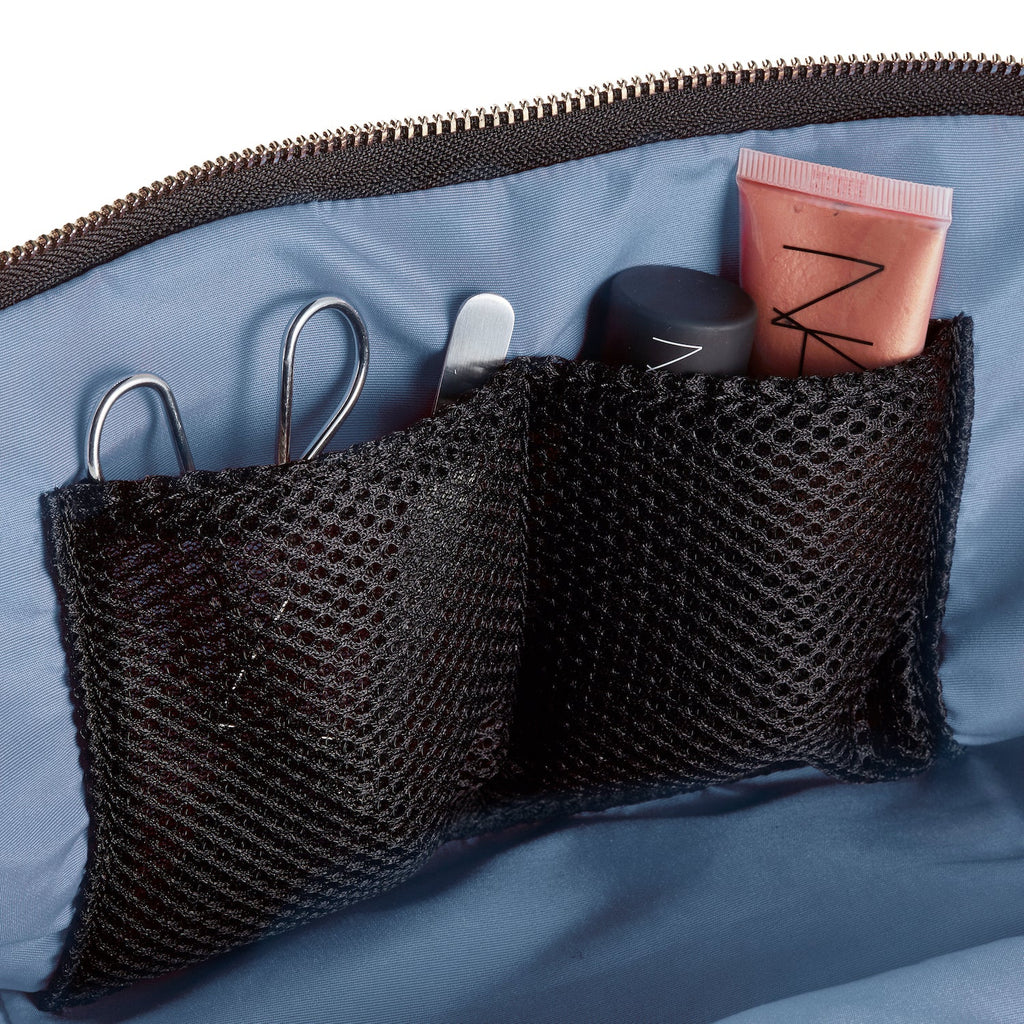 KUSSHI Signature Makeup Bag Satin Black Fabric with Cool Grey Interior