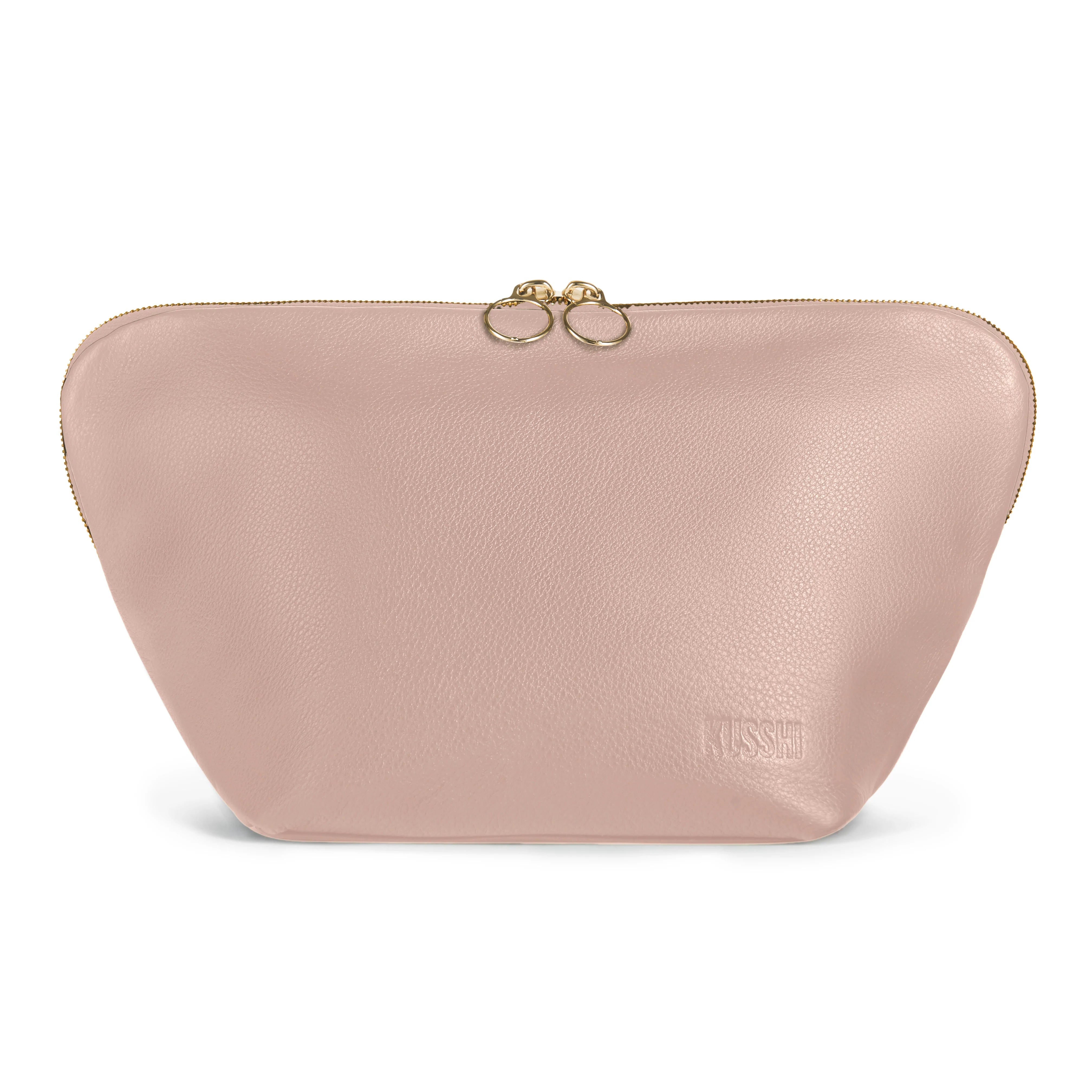 KUSSHI Vacationer Makeup Bag Leather Blush Pink with Cool Grey Interior